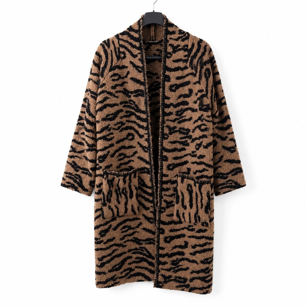 B41 Hunter Bell Keller Long Cardigan Coat Small Tan Black Tiger Stripe Wool - Picture 2 of 9